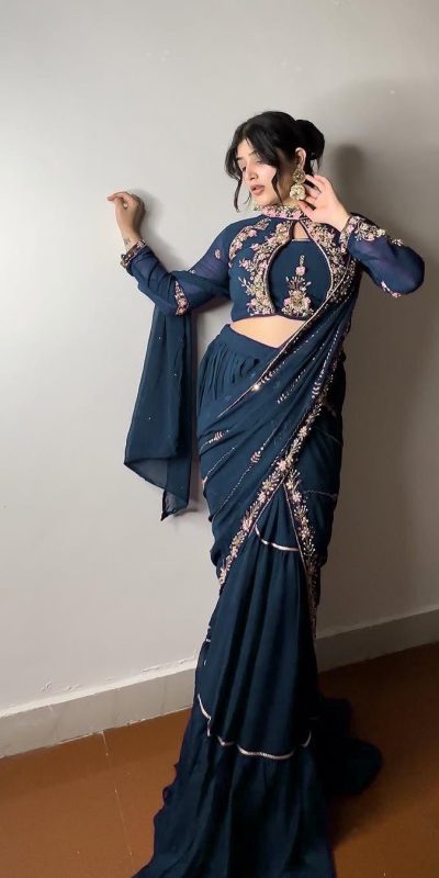 BE 280 Peacock Blue Georgette Lehenga Saree Perfect for Wedding, Party, Cultural Events,, Ganesh Chaturthi . Affordable Price ₹2399. Delivery 4-Days | Creative Lehenga, Bollywood Lehenga, Designer Lehenga, Embroidered Lehenga, Lehenga, Party Wear Lehenga