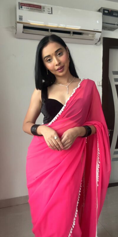 SC 239 Pink Georgette With Lace Work & Lace Border Saree . Wedding, Party, Festive, Events, Exclusive Offer ₹1599. Delivery 4-6 Working Days. Shop now. | Creative Sarees, Embroidered Sarees, Bollywood Sarees, Designer Sarees, Ethnic Saree, Modern Digital sarees, Party Wear Sarees, Sarees