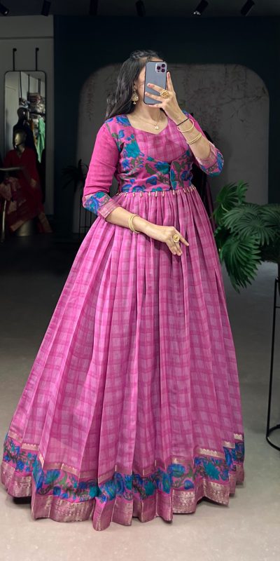 YNF 5034 Pink Polyester Viscose Chanderi Zari Work & Lace Work Gown in . Affordable Price ₹1799. Delivery 4-6 Working Days. Shop now. | Bollywood Gowns, Creative Gowns, Designer Gowns, Embroidered Gowns, Gowns, Party Wear Gowns