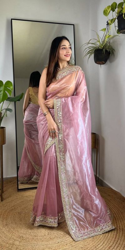 Pink Silver Tissue Silk Zari Mirror Work Saree