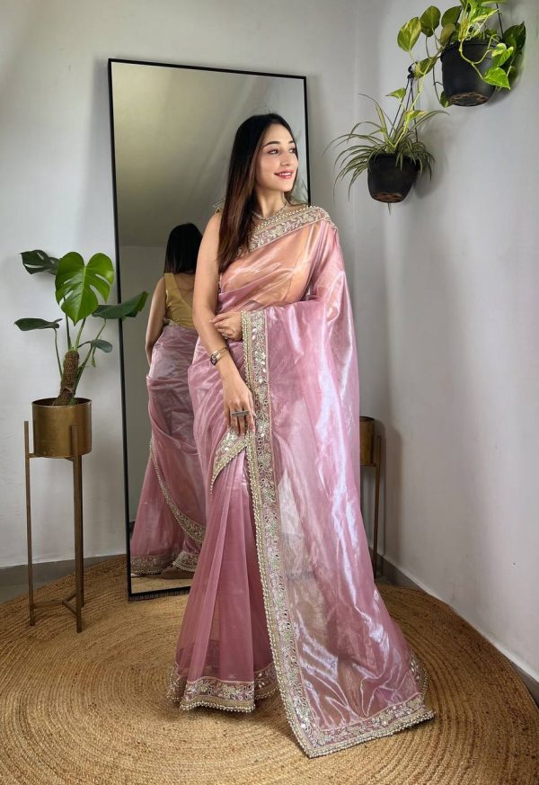 Pink Silver Tissue Silk Zari Mirror Work Saree