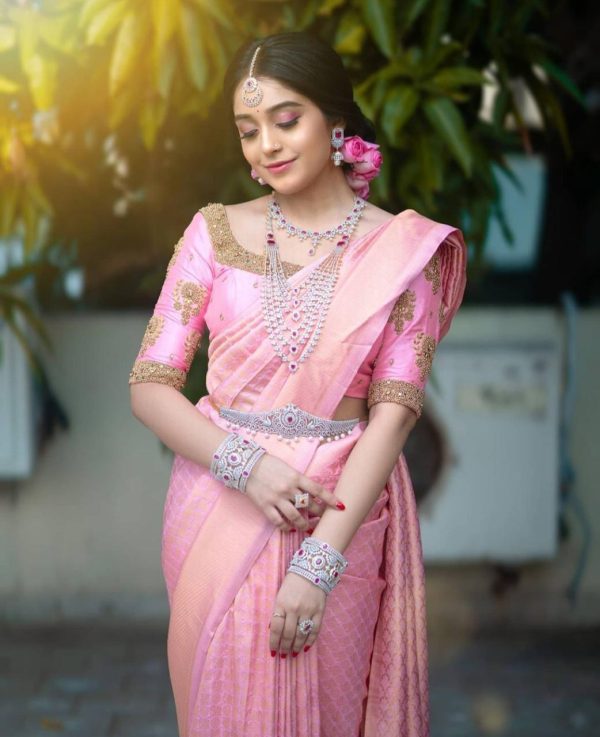 Pink Soft Lichi Silk Jacquard Border Saree