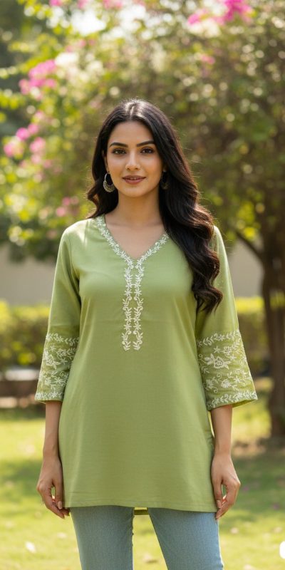 Pista Rayon Embroidery Work Kurti