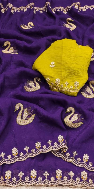 BT 1284 Purple Crunchy Chiffon Saree Perfect for Wedding, Party, Ethnic Day, Ganesh Chaturthi, Sangeet . Best Price ₹1799. Delivery 4-6 Working Days | Embroidered Sarees, Bollywood Sarees, Creative Sarees, Designer Sarees, Ethnic Saree, Modern Digital sarees, Party Wear Sarees, Sarees