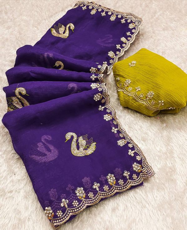 BT 1284 Purple Crunchy Chiffon Saree Perfect for Wedding, Party, Ethnic Day, Ganesh Chaturthi, Sangeet . Best Price ₹1799. Delivery 4-6 Working Days | Embroidered Sarees, Bollywood Sarees, Creative Sarees, Designer Sarees, Ethnic Saree, Modern Digital sarees, Party Wear Sarees, Sarees