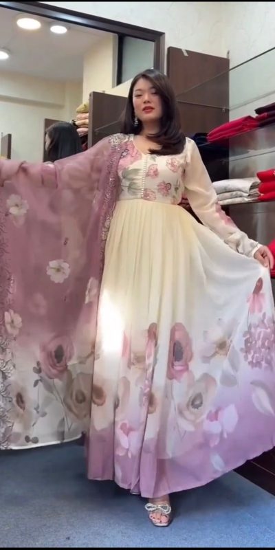 SR 1686 Purple Faux Georgette With Embroidery Sequence Work With Fully Flair Gown Perfect for Wedding, Party, 4-6 Working Days At 2049 Only | Bollywood Gowns, Creative Gowns, Designer Gowns, Embroidered Gowns, Gowns, Party Wear Gowns