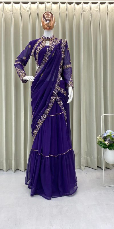 BE 280 Purple Georgette Lehenga Saree Perfect for Wedding, Party, Cultural Events, Housewarming, Ganesh Chaturthi . Affordable Price ₹2399. Delivery 4- | Creative Lehenga, Bollywood Lehenga, Designer Lehenga, Embroidered Lehenga, Lehenga, Party Wear Lehenga