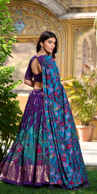 LNB 1219 Purple Tasar Silk With Gotta Patti Work & Kalamkari Print Lehenga Choli . Best Price ₹2449. Delivery 4-6 Working Days. Shop now. | Creative Lehenga, Bollywood Lehenga, Designer Lehenga, Embroidered Lehenga, Lehenga, Party Wear Lehenga