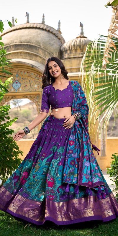 LNB 1219 Purple Tasar Silk With Gotta Patti Work & Kalamkari Print Lehenga Choli . Best Price ₹2449. Delivery 4-6 Working Days. Shop now. | Creative Lehenga, Bollywood Lehenga, Designer Lehenga, Embroidered Lehenga, Lehenga, Party Wear Lehenga