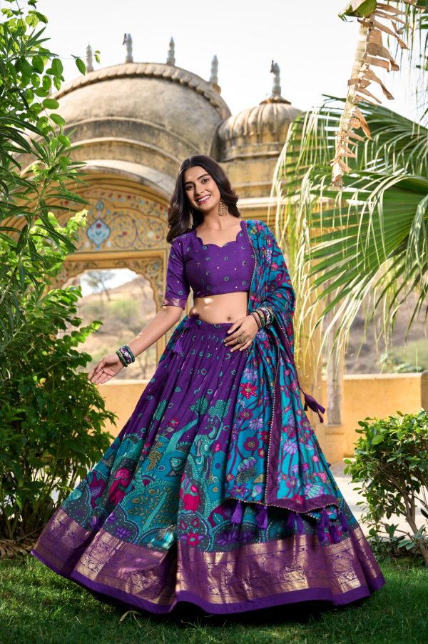 LNB 1219 Purple Tasar Silk With Gotta Patti Work & Kalamkari Print Lehenga Choli . Best Price ₹2449. Delivery 4-6 Working Days. Shop now. | Creative Lehenga, Bollywood Lehenga, Designer Lehenga, Embroidered Lehenga, Lehenga, Party Wear Lehenga