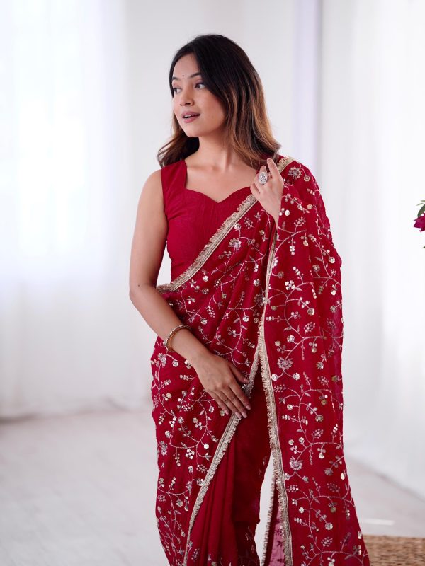 SRK 5296 Red Crunchy Silk Lace Work & Embroidery Work Saree in . Special Price ₹1799. Delivery 4-6 Working Days. Shop now. | Embroidered Sarees, Bollywood Sarees, Creative Sarees, Designer Sarees, Ethnic Saree, Modern Digital sarees, Party Wear Sarees, Sarees