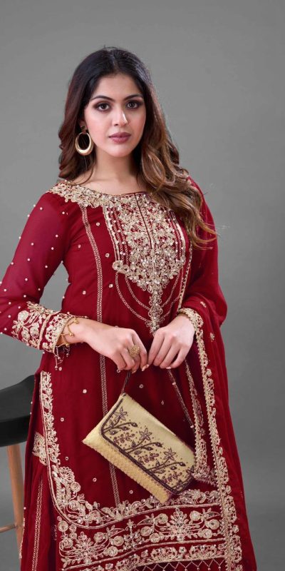 SR 1688 Red Heavy Faux Georgette With Heavy Embroidery Wedding, Party, Festive, Events, Navratri Garba, Reception, Haldi, 4-6 Working Days At 1949 Only | Casual Suits, Jump Suits, Creative suits, Designer Suits, Palazzo Suits, Party Wear Suits, Patiala Suits, Salwar suit, Straight Suits