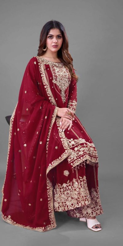 SR 1688 Red Heavy Faux Georgette With Heavy Embroidery Wedding, Party, Festive, Events, Navratri Garba, Reception, Haldi, 4-6 Working Days At 1949 Only | Casual Suits, Jump Suits, Creative suits, Designer Suits, Palazzo Suits, Party Wear Suits, Patiala Suits, Salwar suit, Straight Suits
