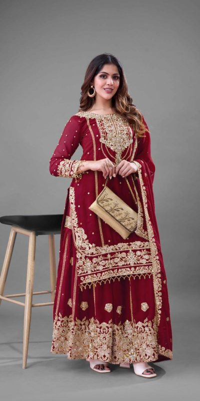 SR 1688 Red Heavy Faux Georgette With Heavy Embroidery Wedding, Party, Festive, Events, Navratri Garba, Reception, Haldi, 4-6 Working Days At 1949 Only | Casual Suits, Jump Suits, Creative suits, Designer Suits, Palazzo Suits, Party Wear Suits, Patiala Suits, Salwar suit, Straight Suits