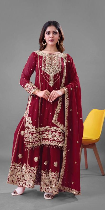 SR 1688 Red Heavy Faux Georgette With Heavy Embroidery Wedding, Party, Festive, Events, Navratri Garba, Reception, Haldi, 4-6 Working Days At 1949 Only | Casual Suits, Jump Suits, Creative suits, Designer Suits, Palazzo Suits, Party Wear Suits, Patiala Suits, Salwar suit, Straight Suits