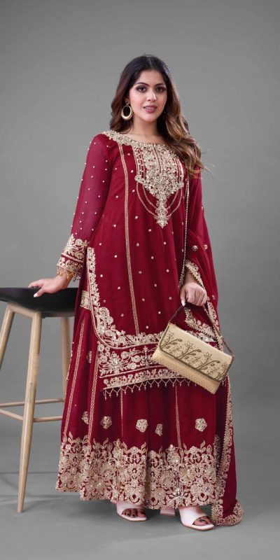 SR 1688 Red Heavy Faux Georgette With Heavy Embroidery Wedding, Party, Festive, Events, Navratri Garba, Reception, Haldi, 4-6 Working Days At 1949 Only | Casual Suits, Jump Suits, Creative suits, Designer Suits, Palazzo Suits, Party Wear Suits, Patiala Suits, Salwar suit, Straight Suits