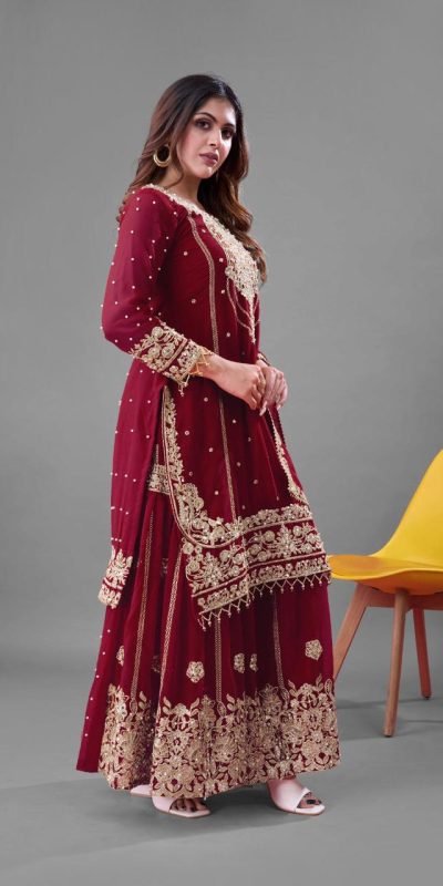 SR 1688 Red Heavy Faux Georgette With Heavy Embroidery Wedding, Party, Festive, Events, Navratri Garba, Reception, Haldi, 4-6 Working Days At 1949 Only | Casual Suits, Jump Suits, Creative suits, Designer Suits, Palazzo Suits, Party Wear Suits, Patiala Suits, Salwar suit, Straight Suits