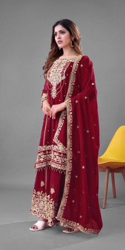 SR 1688 Red Heavy Faux Georgette With Heavy Embroidery Wedding, Party, Festive, Events, Navratri Garba, Reception, Haldi, 4-6 Working Days At 1949 Only | Casual Suits, Jump Suits, Creative suits, Designer Suits, Palazzo Suits, Party Wear Suits, Patiala Suits, Salwar suit, Straight Suits
