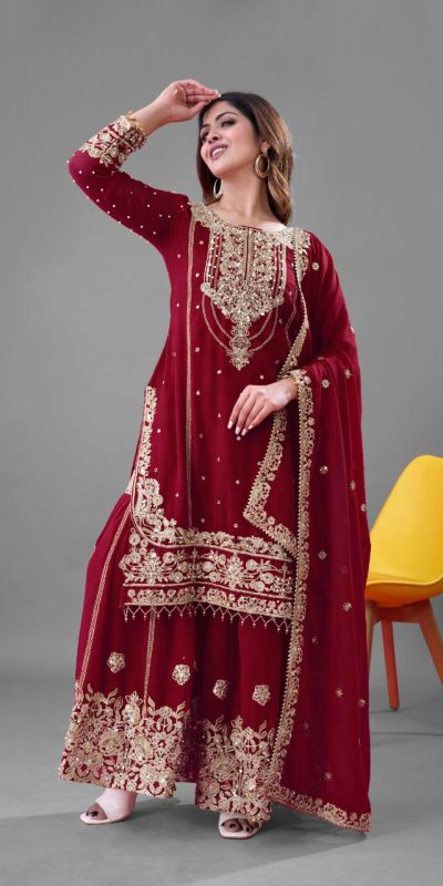 SR 1688 Red Heavy Faux Georgette With Heavy Embroidery Wedding, Party, Festive, Events, Navratri Garba, Reception, Haldi, 4-6 Working Days At 1949 Only | Casual Suits, Jump Suits, Creative suits, Designer Suits, Palazzo Suits, Party Wear Suits, Patiala Suits, Salwar suit, Straight Suits