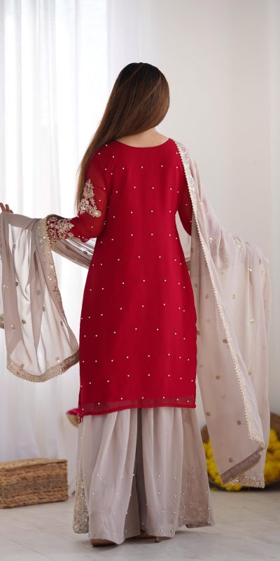 SR 1676 Red Red Heavy Faux Georgette With Heavy Embroidery Perfect for Wedding, Party, Ethnic Day, Reception, Diwali 4-6 Working Days At 2049/- Only | Casual Suits, Jump Suits, Creative suits, Designer Suits, Palazzo Suits, Party Wear Suits, Patiala Suits, Salwar suit, Straight Suits