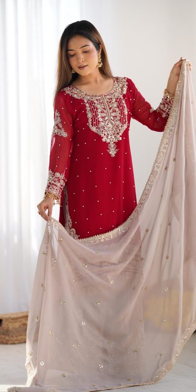SR 1676 Red Red Heavy Faux Georgette With Heavy Embroidery Perfect for Wedding, Party, Ethnic Day, Reception, Diwali 4-6 Working Days At 2049/- Only | Casual Suits, Jump Suits, Creative suits, Designer Suits, Palazzo Suits, Party Wear Suits, Patiala Suits, Salwar suit, Straight Suits