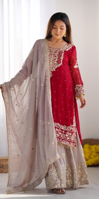 SR 1676 Red Red Heavy Faux Georgette With Heavy Embroidery Perfect for Wedding, Party, Ethnic Day, Reception, Diwali 4-6 Working Days At 2049/- Only | Casual Suits, Jump Suits, Creative suits, Designer Suits, Palazzo Suits, Party Wear Suits, Patiala Suits, Salwar suit, Straight Suits