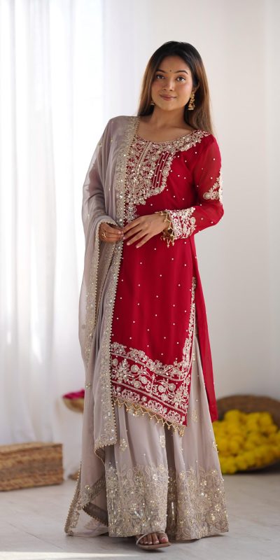 SR 1676 Red Red Heavy Faux Georgette With Heavy Embroidery Perfect for Wedding, Party, Ethnic Day, Reception, Diwali 4-6 Working Days At 2049/- Only | Casual Suits, Jump Suits, Creative suits, Designer Suits, Palazzo Suits, Party Wear Suits, Patiala Suits, Salwar suit, Straight Suits