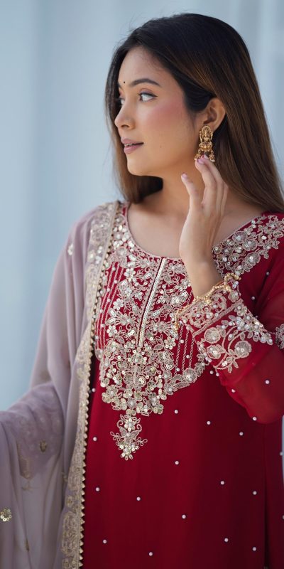 SR 1676 Red Red Heavy Faux Georgette With Heavy Embroidery Perfect for Wedding, Party, Ethnic Day, Reception, Diwali 4-6 Working Days At 2049/- Only | Casual Suits, Jump Suits, Creative suits, Designer Suits, Palazzo Suits, Party Wear Suits, Patiala Suits, Salwar suit, Straight Suits