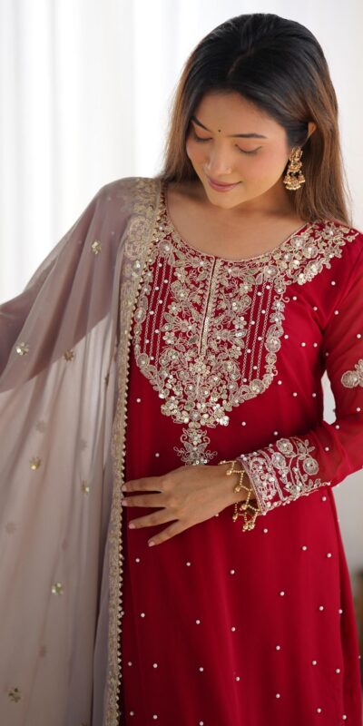 SR 1676 Red Heavy Faux Georgette With Heavy Embroidery Perfect for Wedding, Party, Ethnic Day, Reception, Diwali 4-6 Working Days At 2049/- Only | Casual Suits, Jump Suits, Creative suits, Designer Suits, Palazzo Suits, Party Wear Suits, Patiala Suits, Salwar suit, Straight Suits