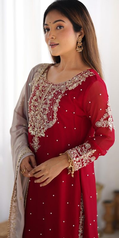 SR 1676 Red Red Heavy Faux Georgette With Heavy Embroidery Perfect for Wedding, Party, Ethnic Day, Reception, Diwali 4-6 Working Days At 2049/- Only | Casual Suits, Jump Suits, Creative suits, Designer Suits, Palazzo Suits, Party Wear Suits, Patiala Suits, Salwar suit, Straight Suits
