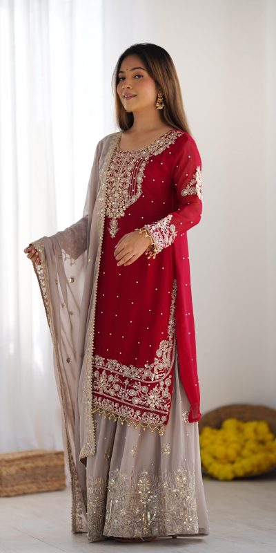 SR 1676 Red Red Heavy Faux Georgette With Heavy Embroidery Perfect for Wedding, Party, Ethnic Day, Reception, Diwali 4-6 Working Days At 2049/- Only | Casual Suits, Jump Suits, Creative suits, Designer Suits, Palazzo Suits, Party Wear Suits, Patiala Suits, Salwar suit, Straight Suits