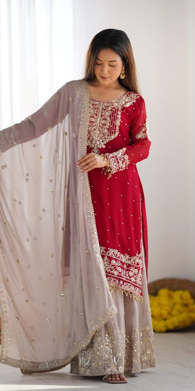 SR 1676 Red Red Heavy Faux Georgette With Heavy Embroidery Perfect for Wedding, Party, Ethnic Day, Reception, Diwali 4-6 Working Days At 2049/- Only | Casual Suits, Jump Suits, Creative suits, Designer Suits, Palazzo Suits, Party Wear Suits, Patiala Suits, Salwar suit, Straight Suits