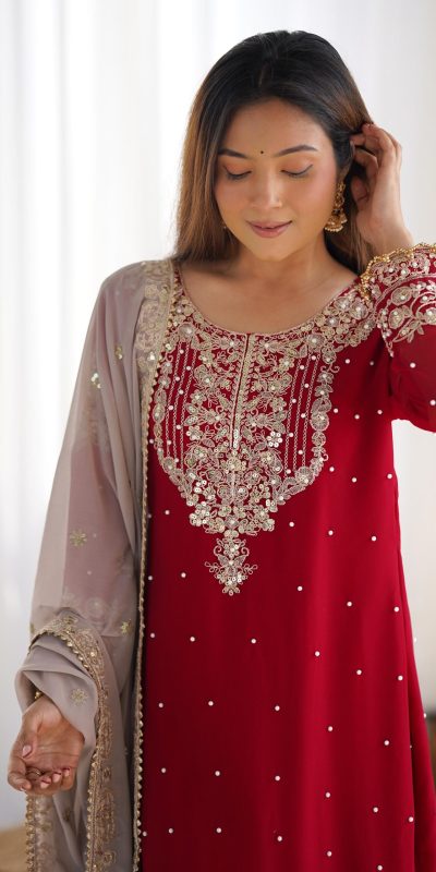 SR 1676 Red Red Heavy Faux Georgette With Heavy Embroidery Perfect for Wedding, Party, Ethnic Day, Reception, Diwali 4-6 Working Days At 2049/- Only | Casual Suits, Jump Suits, Creative suits, Designer Suits, Palazzo Suits, Party Wear Suits, Patiala Suits, Salwar suit, Straight Suits
