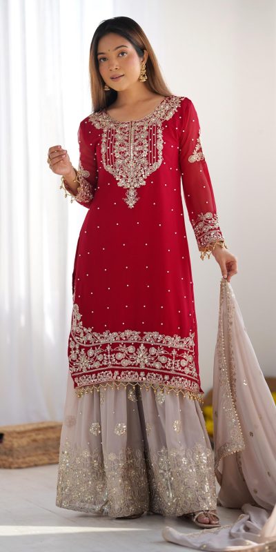 SR 1676 Red Red Heavy Faux Georgette With Heavy Embroidery Perfect for Wedding, Party, Ethnic Day, Reception, Diwali 4-6 Working Days At 2049/- Only | Casual Suits, Jump Suits, Creative suits, Designer Suits, Palazzo Suits, Party Wear Suits, Patiala Suits, Salwar suit, Straight Suits
