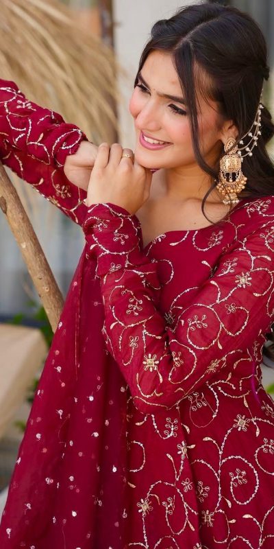 ZSR 3145 Red Faux Georgette With Embroidery Sequence Work Gown Perfect for Wedding, Party, Bridal Wear, Family Gatherings, Festival Celebrations At 2099 | Bollywood Gowns, Creative Gowns, Designer Gowns, Embroidered Gowns, Gowns, Party Wear Gowns