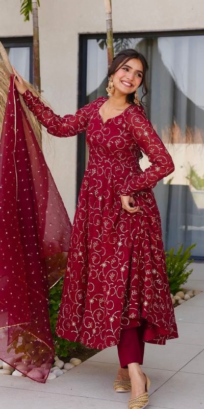 ZSR 3145 Red Faux Georgette With Embroidery Sequence Work Gown Perfect for Wedding, Party, Bridal Wear, Family Gatherings, Festival Celebrations At 2099 | Bollywood Gowns, Creative Gowns, Designer Gowns, Embroidered Gowns, Gowns, Party Wear Gowns