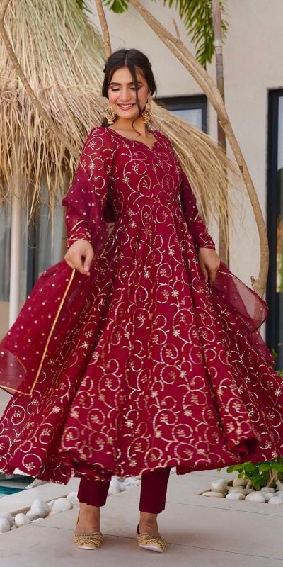 ZSR 3145 Red Faux Georgette With Embroidery Sequence Work Gown Perfect for Wedding, Party, Bridal Wear, Family Gatherings, Festival Celebrations At 2099 | Bollywood Gowns, Creative Gowns, Designer Gowns, Embroidered Gowns, Gowns, Party Wear Gowns