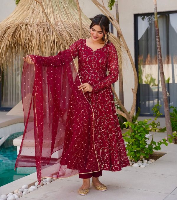 ZSR 3145 Red Faux Georgette With Embroidery Sequence Work Gown Perfect for Wedding, Party, Bridal Wear, Family Gatherings, Festival Celebrations At 2099 | Bollywood Gowns, Creative Gowns, Designer Gowns, Embroidered Gowns, Gowns, Party Wear Gowns
