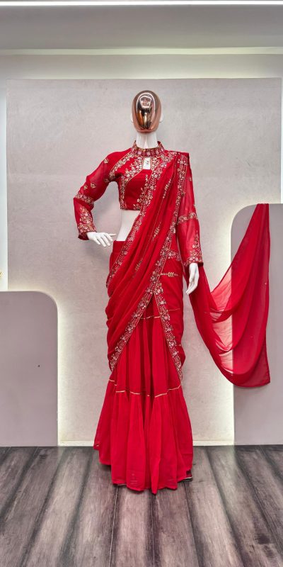 BE 280 Red Georgette Lehenga Saree Perfect for Wedding, Party, Cultural Events, Housewarming, Ganesh Chaturthi . Affordable Price ₹2399. Delivery 4- | Creative Lehenga, Bollywood Lehenga, Designer Lehenga, Embroidered Lehenga, Lehenga, Party Wear Lehenga