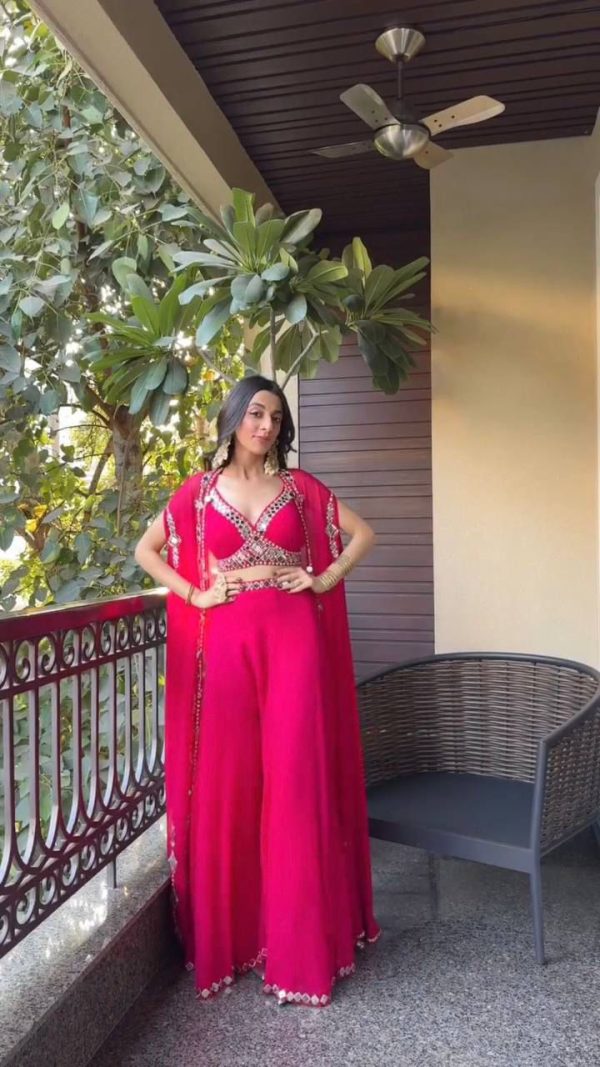 Red Georgette Embroidery Mirror Work Salwar Suit