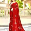 Red Natural Silk With Thread Embroidery Saree