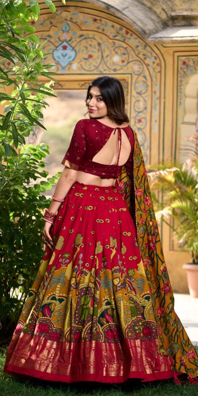 LNB 1219 Red Tasar Silk With Gotta Patti Work & Kalamkari Print Lehenga Choli . Best Price ₹2449. Delivery 4-6 Working Days. Shop now. | Creative Lehenga, Bollywood Lehenga, Designer Lehenga, Embroidered Lehenga, Lehenga, Party Wear Lehenga