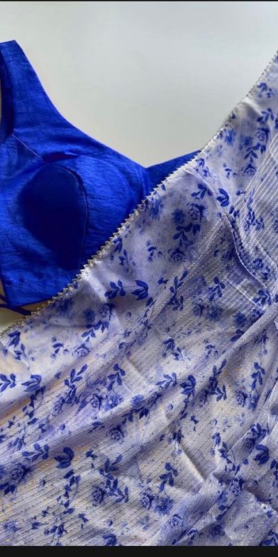 Royal Blue Georgette Digital Crochet Work Saree