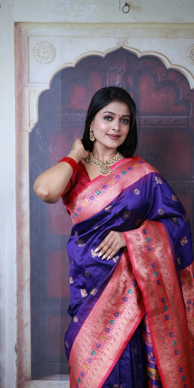 Royal Blue Paithani Ajanta Lotus With Lace Work Saree