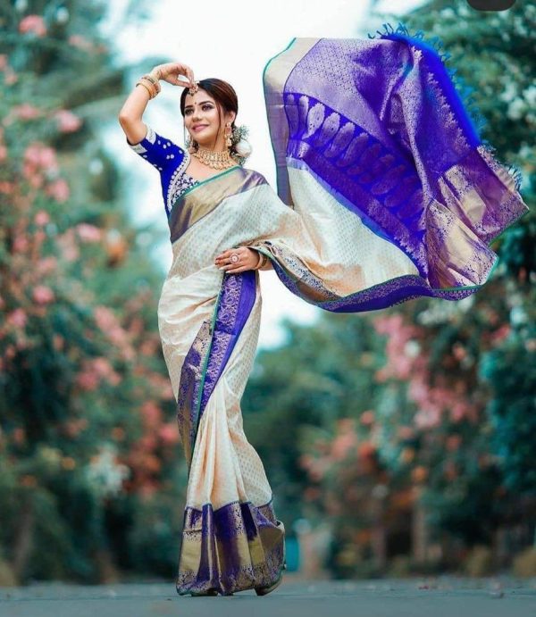 Royal Blue Soft Lichi Silk Lace Work Saree