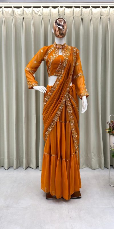 BE 280 Rust Georgette Lehenga Saree Perfect for Wedding, Party, Cultural Events, Housewarming, Ganesh Chaturthi . Affordable Price ₹2399. Delivery 4- | Creative Lehenga, Bollywood Lehenga, Designer Lehenga, Embroidered Lehenga, Lehenga, Party Wear Lehenga
