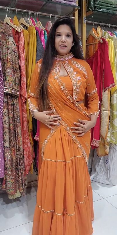 BE 280 Rust Georgette Lehenga Saree Perfect for Wedding, Party, Cultural Events, Housewarming, Ganesh Chaturthi . Affordable Price ₹2399. Delivery 4- | Creative Lehenga, Bollywood Lehenga, Designer Lehenga, Embroidered Lehenga, Lehenga, Party Wear Lehenga