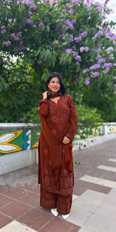 BE 394 Rust Georgette with Embroidery Work & Lace Work Salwar Suit . Available at ₹1849 only. Delivery 4-6 Working Days. Shop now. | Casual Suits, Jump Suits, Tops & Bottoms, Track Suits, Trendy Wear, Creative suits, Designer Suits, Palazzo Suits, Party Wear Suits, Patiala Suits, Salwar suit, Straight Suits