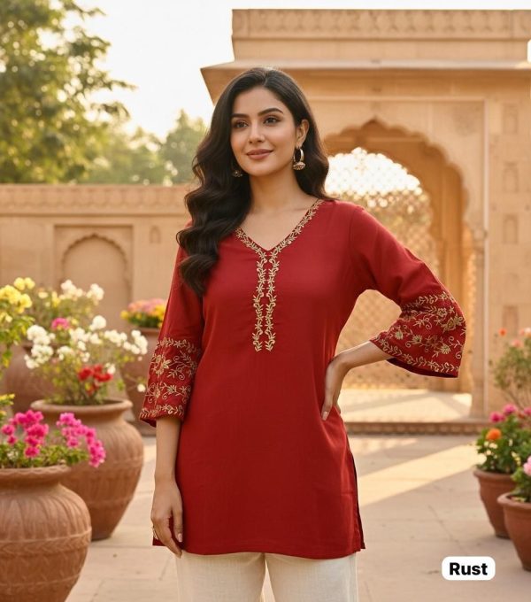 INLI Adaa 5.0 Rust Rayon with Embroidery Work Kurti .Wedding, Party, Festive, Events, Best Price ₹1349. Delivery 4-6 Working Days. Shop now. | Bollywood Kurti, Creative Kurtis, Designer Kurti, Kurti, Party Wear Kurti, Selfie Kurti