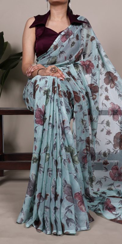 Sea Green Lurex Brasso Floral Saree